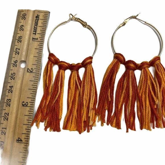 Tassel Hoop Earrings Orange Yellow Statement Fashion Earrings Boho Fringe Large - Picture 3 of 6
